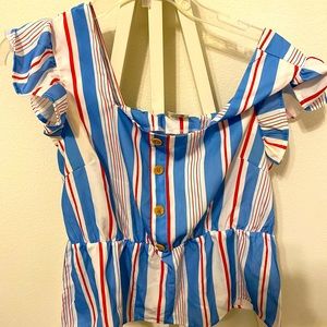 Red, White, and Blue Buttoned Cute Shirt, Peplum Style Top